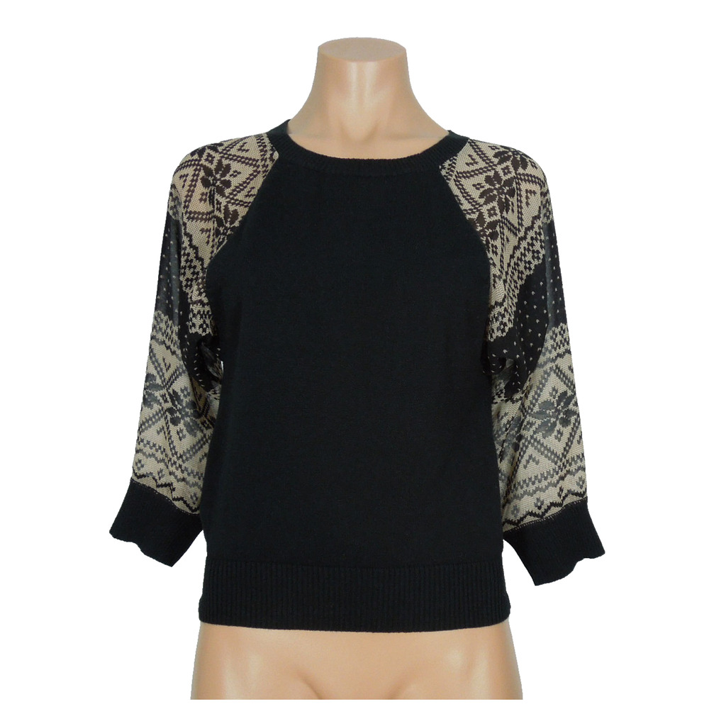 SWEATER PROJECT Sweater S SMALL Black Crewneck Sheer Printed Sleeves